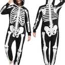 Halloween Skeleton Costume for Women Adult Cozy Hoodie Skeleton Onesie Jumpsuit Outfit Front and Back Print Party (X-Small)