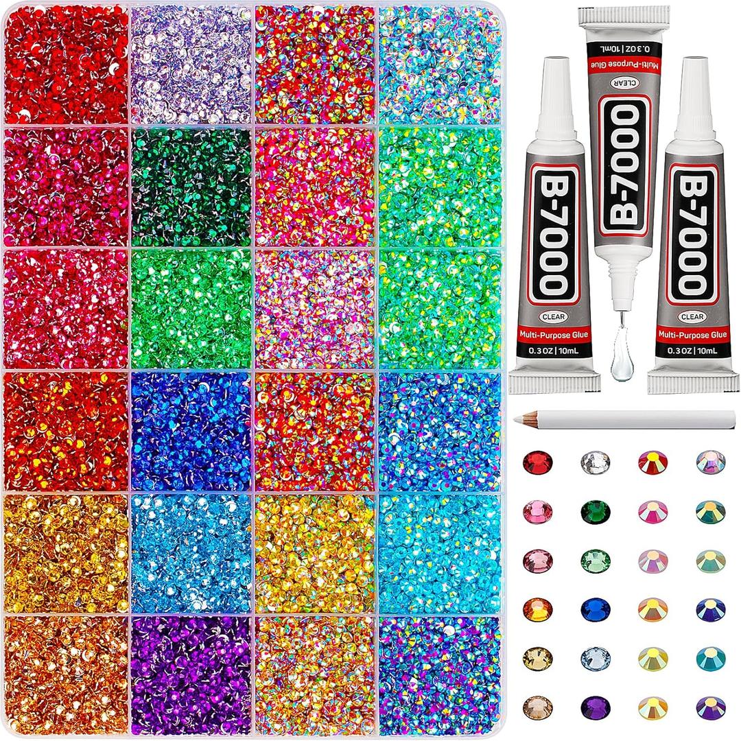 33000Pcs Rhinestones for Bedazzling, 3mm Bedazzler Kit with Flatback Rhinestones for Clothes Crafting Crafts Nails Clothing, Flat Back Resin Rainbow Colorful Colored Crystal with B 7000 Glue Clear (Large Pack + 3pcs Glue)