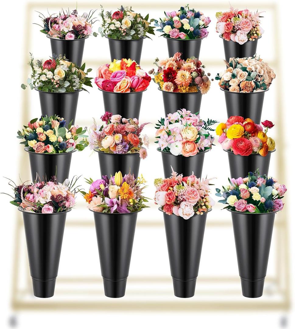 16 Pcs 14.5 Inch Tall Plastic Flower Buckets Bulk Floral Buckets for Cut Flower Tall Vase for Wake up Flowers Indoor Outdoor Home Wedding Display Florist Supplies(Black)