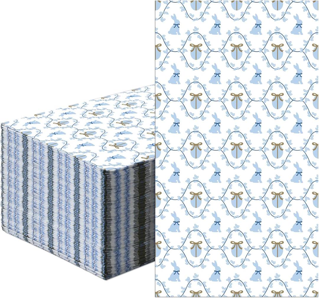 Gilprop 100 Pcs Easter Bunny Rabbit Paper Napkins 2 Ply Blue Rabbit with Bow Flower Dinner Guest Napkins Disposable Hand Towels for Spring Baby Shower Birthday Party Supplies