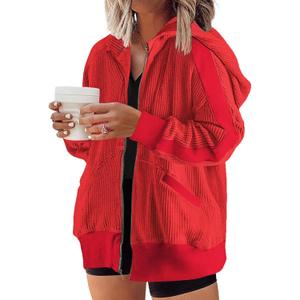 Eytino Womens Plus Size Hoodies Sweatshirt Long Sleeve Zip Up Waffle Knit Shacket Jacket Coat Outwear, 1X Fiery Red