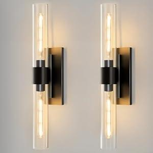 Black Brass Bathroom Wall Sconce - Set of 2 Modern Linear Light Sconces - Clear Glass Tube Vanity Lights - Vertical or Horizontal Mounted Dimmable Lighting Fixtures for Indoor Living Room Hallway