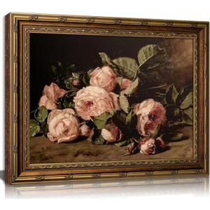 Vintage Gold Framed Canvas Wall Art Vintage Pink Flower Art Prints Rustic Cottagecor Pink Roses Painting Pictures Still Life Floral Poster Artwork for Bedroom Living Room Kitchen Farmhouse Wall Decor, 24"L x 16"W
