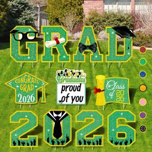 Graduation Decorations 2026 Green and Gold, 11 Pcs Graduation Yard Signs Class of 2026, 15" Large Shimmering Grad Signs for Lawn Garden Pathway, High School College Grad Party Decor Outdoor