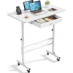 COMHOMA Small Standing Desk with Storage Drawer, Mobile Height Adjustable Rolling Sit Stand Desk with Lockable Wheels 4‑Level Portable Laptop Desk for Small Space Home Office Treadmill Workstation, 31.5 x 15.75 x 45.86 inches
