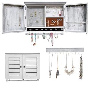 Rustic Wall Mounted Jewelry Organizer, Vintage Wooden Hanging Jewelry Holder Box with Barndoor Decor for Necklaces, Earings, Bracelets, Rings, Accessories. Includes Hook Organizer (MILK WHITE)