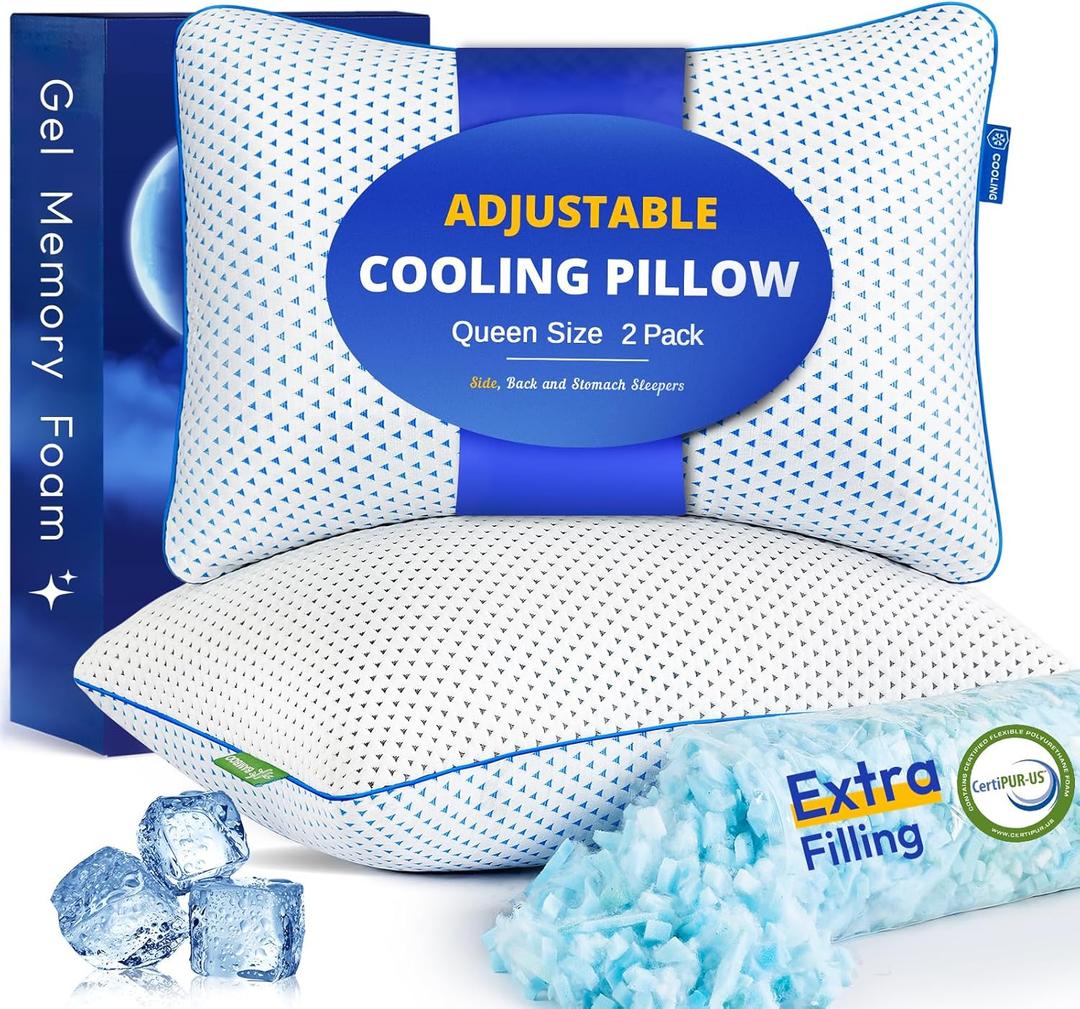 Cooling Gel Memory Foam Pillows Queen Size Set of 2 for Sleeping, Bamboo Rayon Adjustable Firm Shredded Foam Cool Bed Pillows 2 Pack for Side, Back, Stomach, Hot Sleepers Soft Yet Support, CertiPUR-US