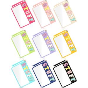 Nuanchu 9 Pcs 11.8 x 7.8 Inch Clear Stuff Pouch for Travel Makeup Chenille Letter Bags PVC Waterproof, Cosmetic Pouch Preppy Gifts for Mom Teacher Nurse Team