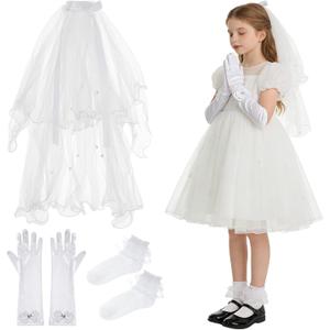 5 Pcs First Communion Veil Set with Gloves and Socks Holy Catholic Veil for 1st Communion Dresses Baptism Ceremonies (White)
