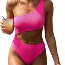 Women's Ribbed One Piece Swimsuit Bathing Suit,One Shoulder, Double Layer Fabric, High Cut Leg, Cheeky Bottom (Medium, Hot Pink)
