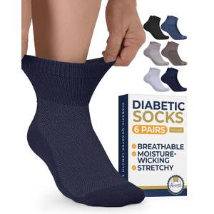 Pembrook Ankle Diabetic Socks for Women & Men | 6 Pairs | Wide Non Binding Neuropathy Socks | Quarter Length, Large