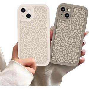 2 Pack Leopard Print Phone Cases for iPhone 14 Leopard Cases for Women,Raised Camera Protection Beige Cheetah Print Phone Case,Soft TPU Shockproof Silicone Funda Cover for iPhone 14 6.1 Inch