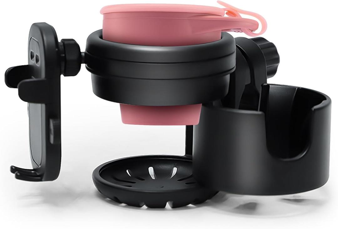 3-in-1 Stroller Cup Phone Holder Attachment Universal Cup Holder with Adjustable Phone Mount Double Cup Holder for Walker Wheelchair (Pink)