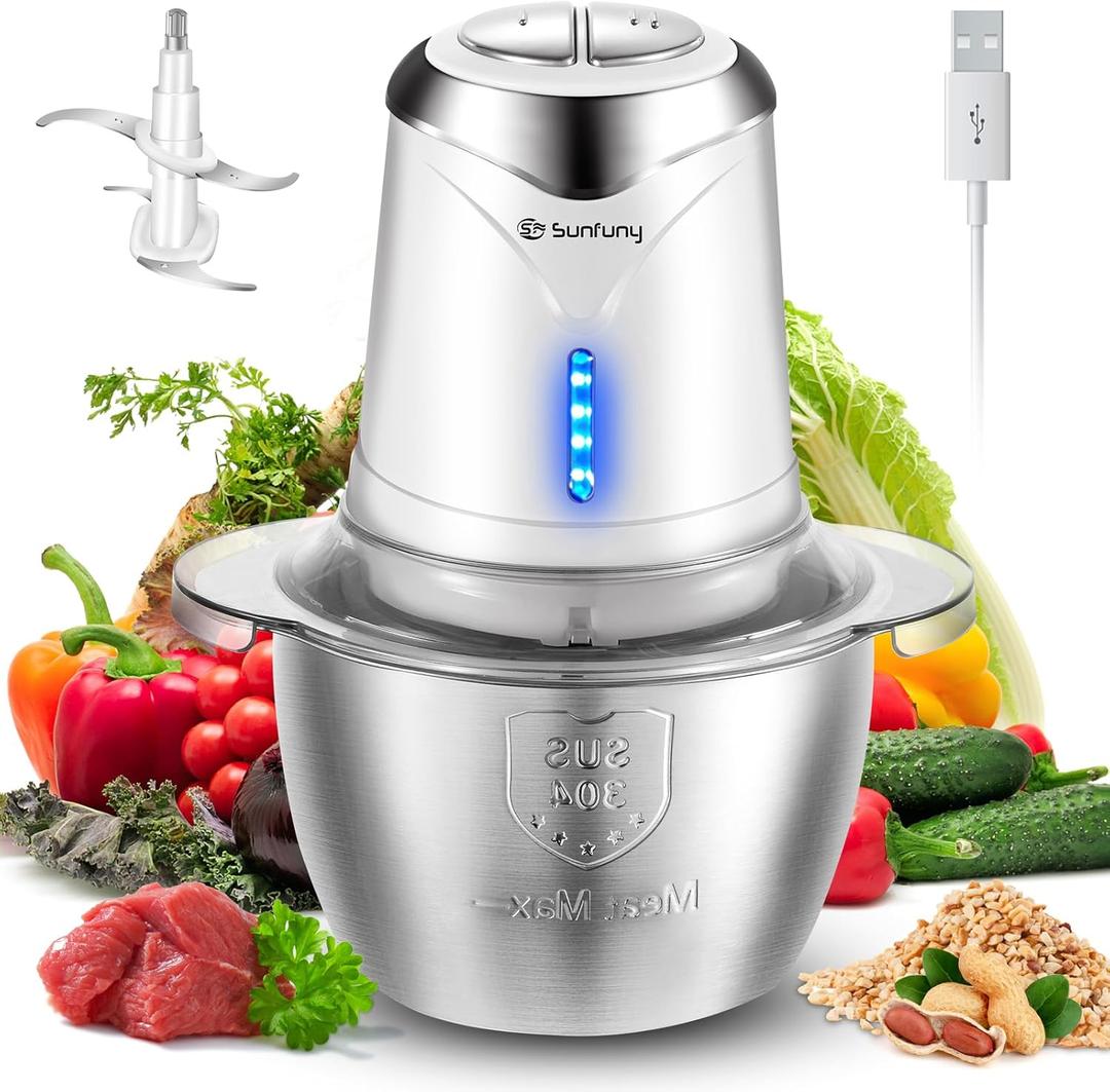 Food Processor Cordless Vegetable Chopper with 5 Cup Stainless Steel Bowl6000mAh USB Rechargeable Battery, Electric Garlic Meat Choppers BPA-free Baby Food Processors Blender Mincert(White)