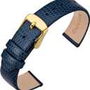 ANNEFIT Women's Leather Watch Band 10mm 12mm 13mm 14mm 15mm 16mm 18mm 20mm, Lizard Grain Slim Thin Replacement Strap (Blue/Gold Buckle)