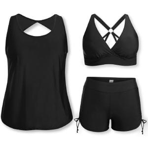 Holipick Plus Size Tankini Swimsuit Women Three Piece (Blue)