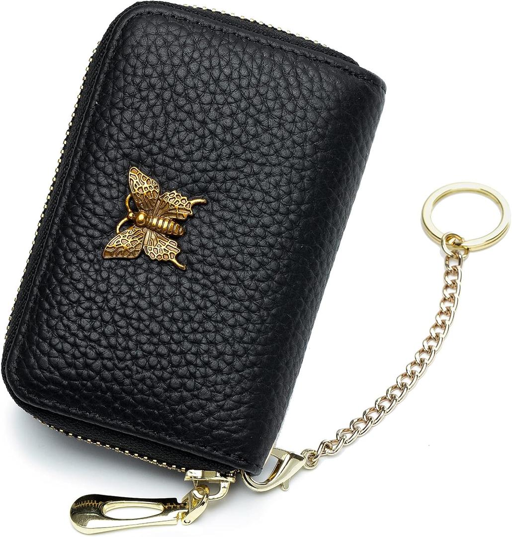 imeetu RFID Credit Card Holder for Women Genuine Leather Card Case Wallet with Zipper and Removable Keychain (Black)