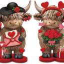 Thyle 2 Pcs Valentine's Day Gift Highland Cow Figurines, Cute Love Couple Cow Statue with Roses and Heart Letter for Romantic Farmhouse Home Shelf Tabletop Decoration Galentine's Day Gifts
