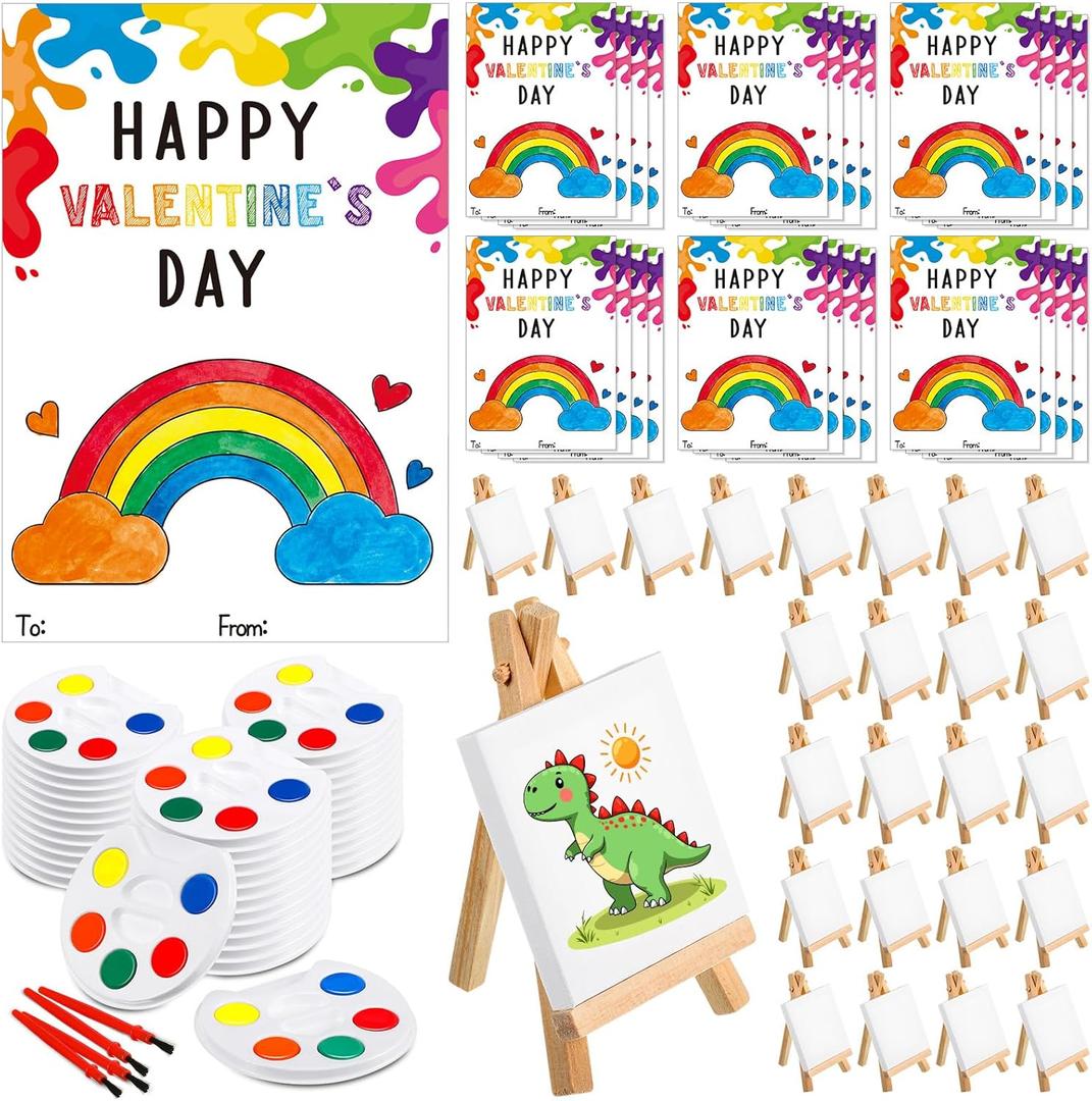 Sabary 32 Sets Valentines Party Favors for Kids Class Valentines Day Gifts Mini Watercolor Paint Set with Easel Valentine Card Painting Canvas Panel Brush for Preschool Classroom Prize Exchange
