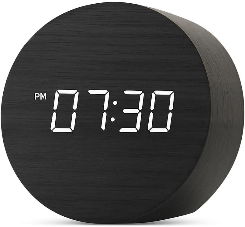 Wooden LED Digital Alarm Clock for Desk  Modern Aesthetic Wood Clock with Adjustable Brightness, 3 Alarms, Large Display, AC Powered Stays On When Plugged in (Black)