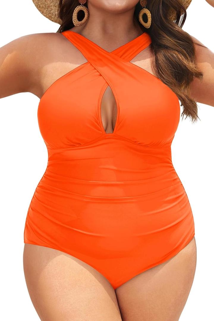 Daci Womens Front Cross Plus Size One Piece Swimsuits Tummy Control Keyhole Bathing Suits Swimwear (X-Large, Orange)