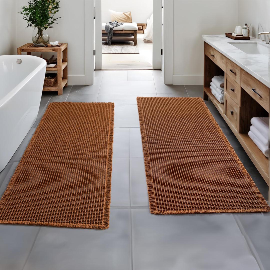 MIULEE Set of 2 Waffle Bathroom Runner Rugs, Fall Boho Bath Rug Non Slip, Super Absorbent Runner Bath Mats, Rubber Backed Shower Mat for Hallway Bedroom Laundry Room, Terracotta, 2'x6'(24x72 Inch)