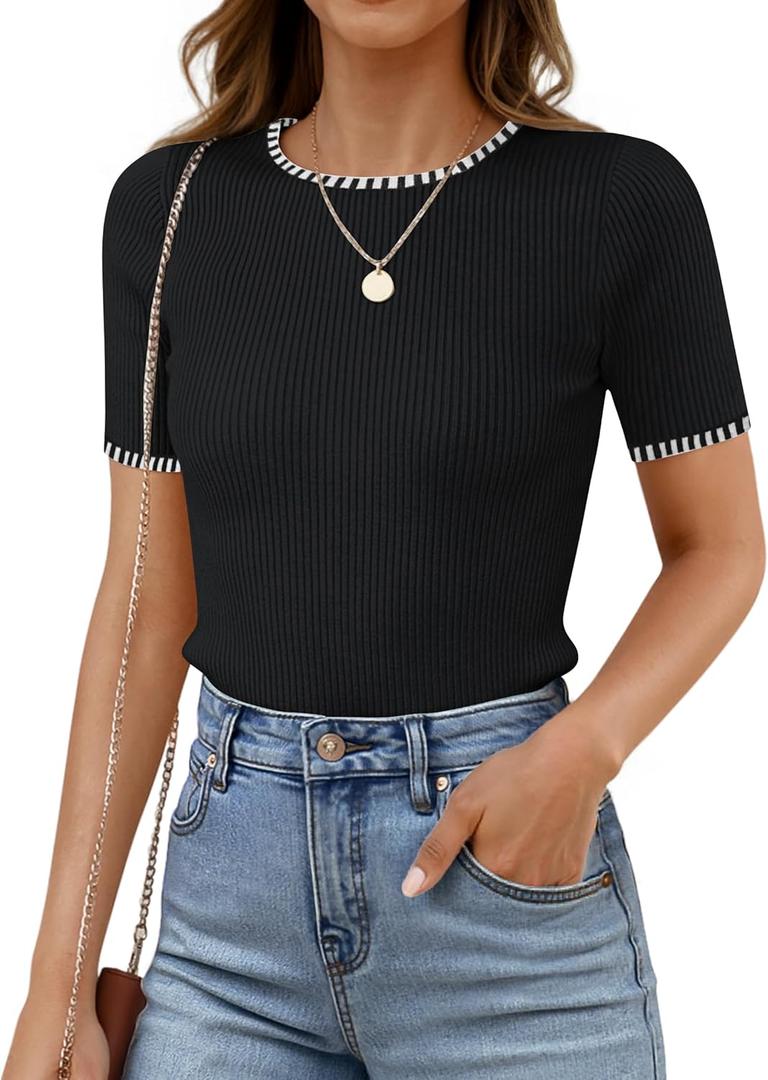 ZESICA Women's Summer Short Sleeve Ribbed Knit Slim Fit T Shirt 2026 Crewneck Basic Casual Color Block Tee Tops (X-Large, Dim)