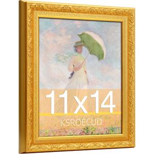 11x14 Picture Frame, HD Real Glass 11x14 Ornate Vintage Photo Frame, 11 by 14 Oil Painting Poster Frame with Gold Border and Distressed Rust-Like Finish, Horizontal & Vertical Display for Tabletop or Wall Decor (1 Pack）