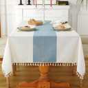 Laolitou Tablecloth for Dining Table Rustic Farmhouse Kitchen Tables Cloth Coffee Table Cover, Cotton Linen Fabric Small Rectangle Tablecloths, Beige, Blue Stripe, 55x102 Inch