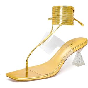 geluboao Gold Heels for Women Sexy Square Open Toe Lace Up Thong Strappy Clear Heeled Sandals Wedding Dress Flip Flops Chunky Crytal Shoes 7.5