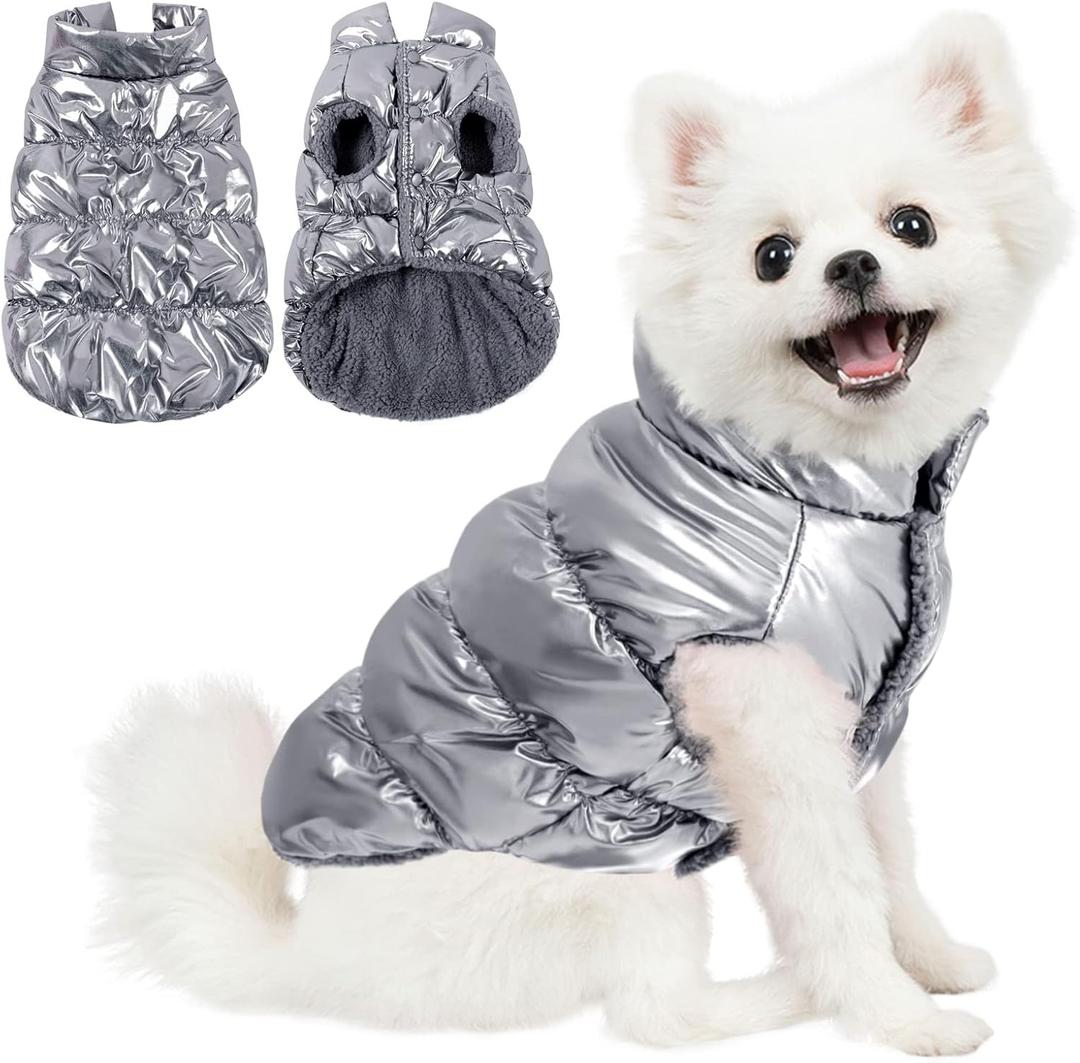 AOFITEE Dog Winter Coat, Waterproof Dog Jacket, Warm Small Dogs Coat, Fleece Dogs Puffer Jacket, Windproof Pet Snowsuit, Cozy Female Male Pet Snow Jackets Fleece Vest with Snap Closure, Silver, M
