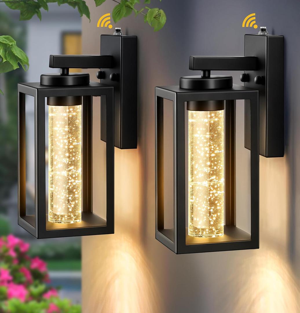 VIANIS 2 Pack Exterior Garage Lighting Fixtures Wall Mount, Modern Black Outdoor Porch Lights for House with Crystal Bubble Glass, 100% Aluminum Built-in 10W LED Outdoor Wall Sconce Lights Lantern