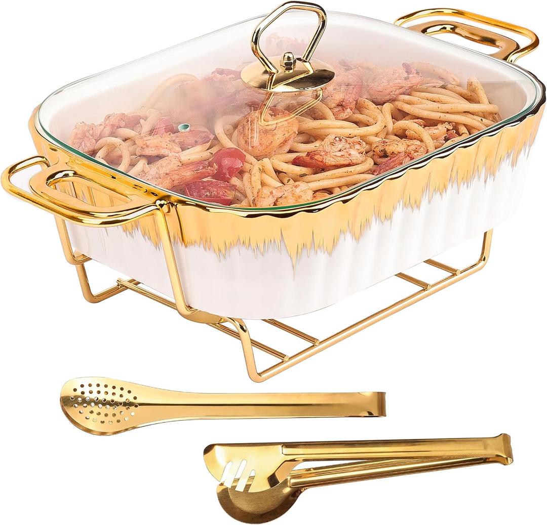 Ceramic Chafing Dish for Buffet  White Food Tray with 2 Gold Tongs, Family Size Chafer with Glass Lid, Serving Soup, Rectangular Catering Casserole for Party Style (Medium 1.9 quarts)