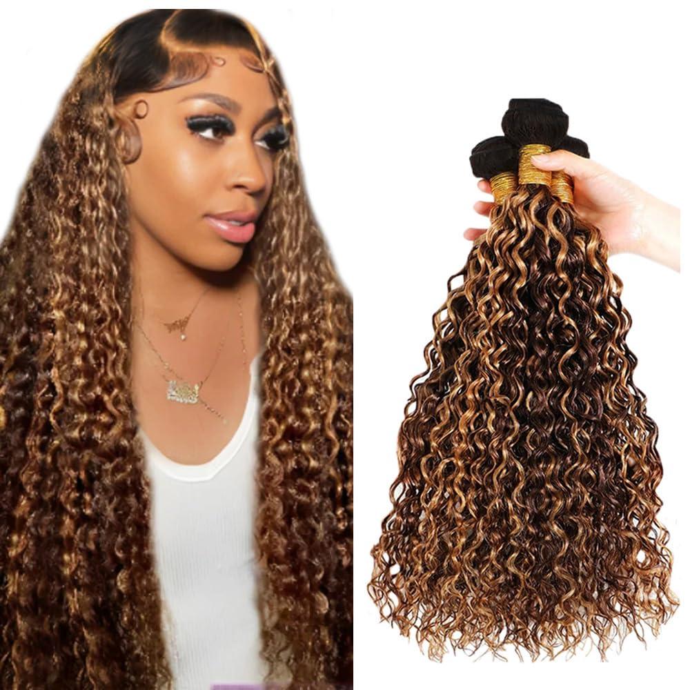 P4/27 Highlight Ombre Bundle Honey Blonde Wet and Wavy Bundles Human Hair Brazilian Virgin Hair 3 Bundles 28 30 32 Inch P4/27 Water Wave Bundle