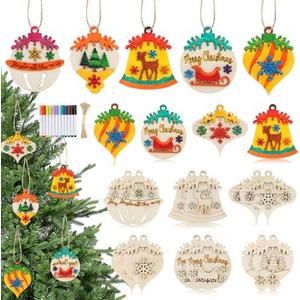 12 Pcs DIY Wooden Christmas Ornaments, Christmas Crafts for Kids Ages 4-8 8-12 Art Craft Supplies Painting Kit For Boys, Girls, Stocking Stuffers Party Favors Gifts, Hanging Xmas Holiday Home Decor