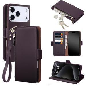 COBEAR for iPhone 18/17 Pro Case Wallet, Pu Leather Flip Phone Case with Wrist Strap, Zipper Pocket, Kickstand, Women Men Phone Wallet Case with Card Holder for iPhone 18/17 Pro,Purple