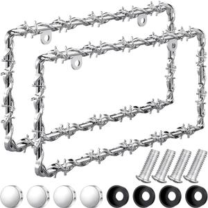 2 Pcs Universal License Plate Frame Plastic Barbed Wire Coconut Design Frame Compatible with Standard License Plate for USA 2 Holes with Screws for Women Men(Silver)