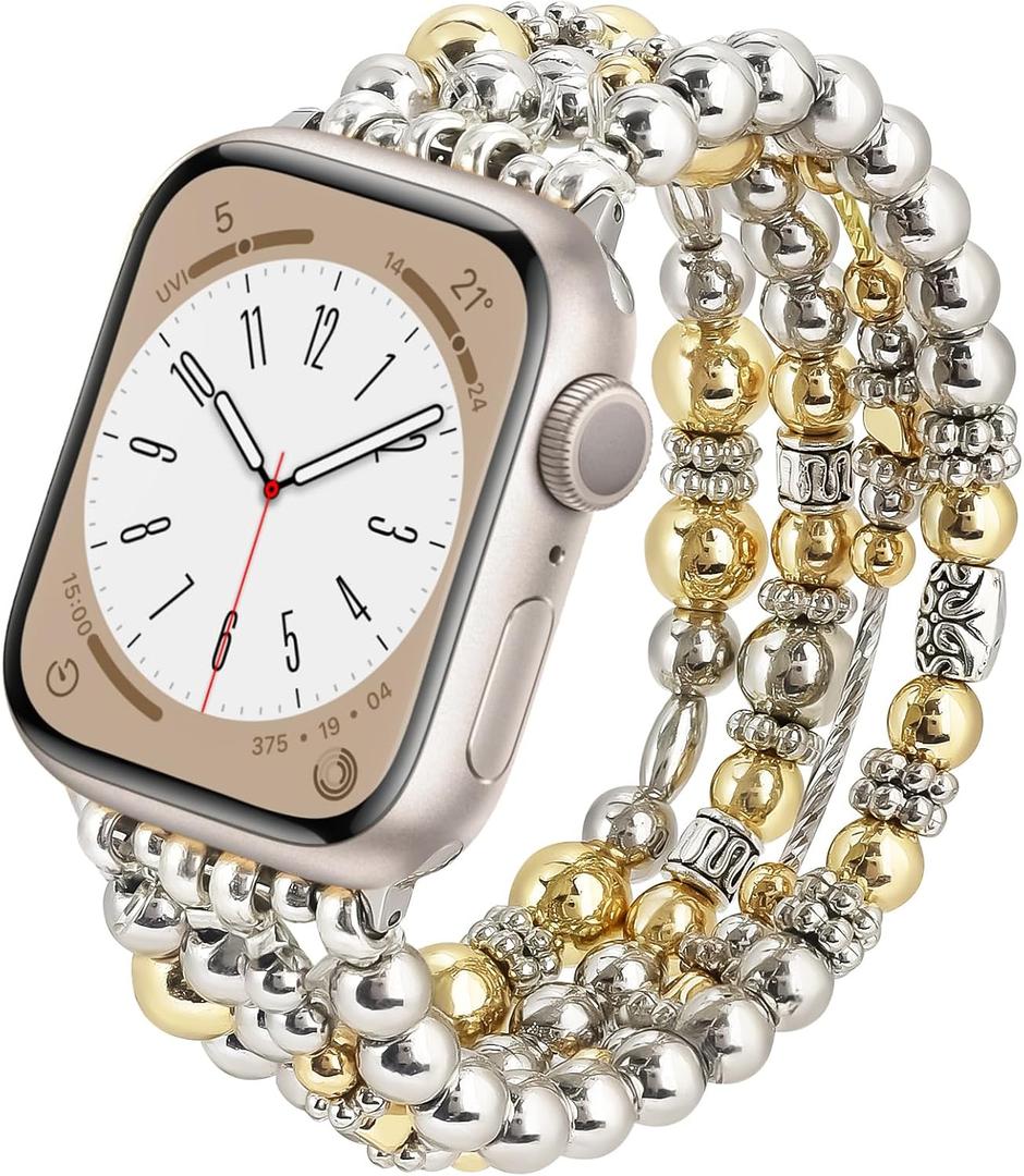 KOREDA Beaded Bracelet Compatible for Apple Watch Band 38mm 40mm 41mm 42mm 44mm 45mm 46mm Series 11 10 9 8 7 SE Women, Fashion Cute Handmade Elastic Beads Stretch Strap for iWatch Series 6/5/4/3/2/1 (Gold/Silver)