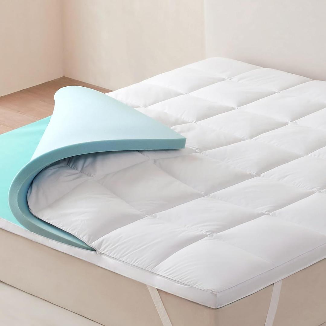 Dual Layer 2 Inch Memory Foam Mattress Topper King Size, 1.5 Inch Cooling Gel Memory Foam and 0.5 Inch Goose Down Fibers Mattress Pad Cover for Pressure Relieving(78"x80")