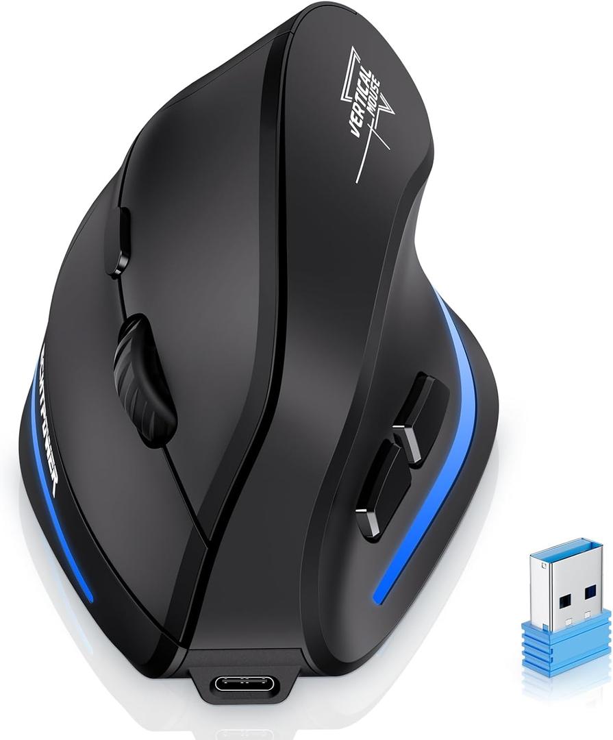 ECHTPower Ergonomic Wireless Mouse, Bluetooth Vertical Mouse with LED Light, Control Up to 3 Devices (BT5.0+BT5.0+2.4GHz), Adjustable DPI 2400/1600/1000, for PC, Laptop, Mac, Windows (Black)