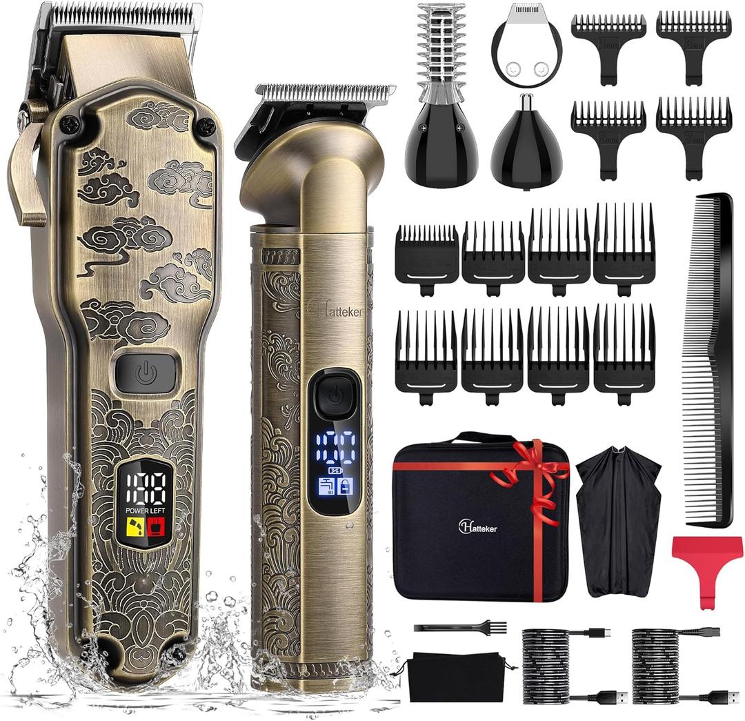 Hatteker Professional Hair Clippers for Men Beard Trimmer Clippers and Trimmer Set Waterproof T-Blade Trimmer Cordless Grooming Kit Nose Body Hair Trimmer Barber Clippers Hair Cutting Kit (Bronze)