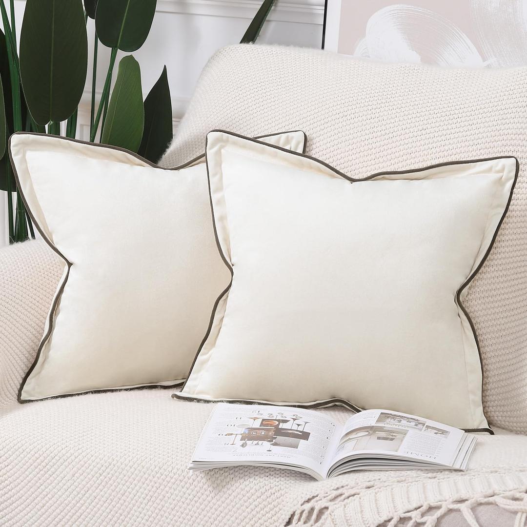 MADIZZ Set of 2 Velvet Fringed Throw Pillow Covers 18x18 Inch Cream White Soft Decorative Cushion Cover for Sofa Bedroom Pillow Shell
