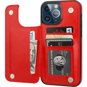 ONETOP Compatible with iPhone 13 Pro Max Wallet Case with Card Holder,PU Leather Kickstand Card Slots Case, Double Magnetic Clasp and Durable Shockproof Cover 6.7 Inch(Red)