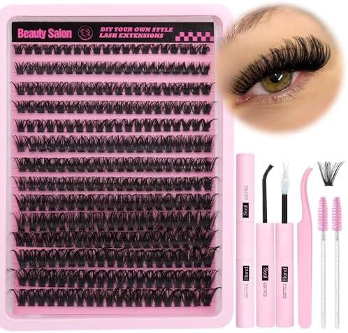 DIY Eyelash Extension Kit D-Curly Wispy Volume Lash Clusters Individual Lashes Lash Extension Kit with Lash Bond and Seal Applicator Tool for Self Application at Home (80P-280Pcs-Mix10-16mm-0.07D)