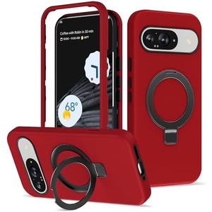SKYLMW for Google Pixel 9/9 Pro Case with Invisible Magnetic Ring Stand, Compatible with Mag-Safe, 3 in 1 Full Body Protection Pixel 9/9 Pro Phone Case for Women Men, Red