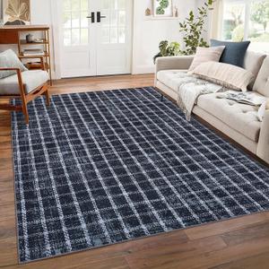 5 x 7 ft. Area Rugs Non-Slip Washable Low-Pile Carpet - Checkered Braided Geometric Print for Living Room Bedroom Nursery Kitchen Dining Indoor Use, Blue