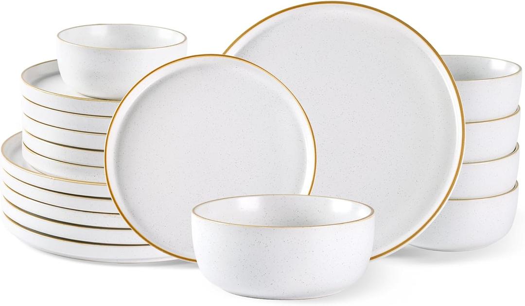 AmorArc Stoneware Dinnerware Sets for 6,Reactive Ceramic Plates and Bowls Set,Highly Chip and Crack Resistant | Dishwasher & Microwave Safe | Round Dishes Set Service for 6 (18pc) (Speckled Matte White)