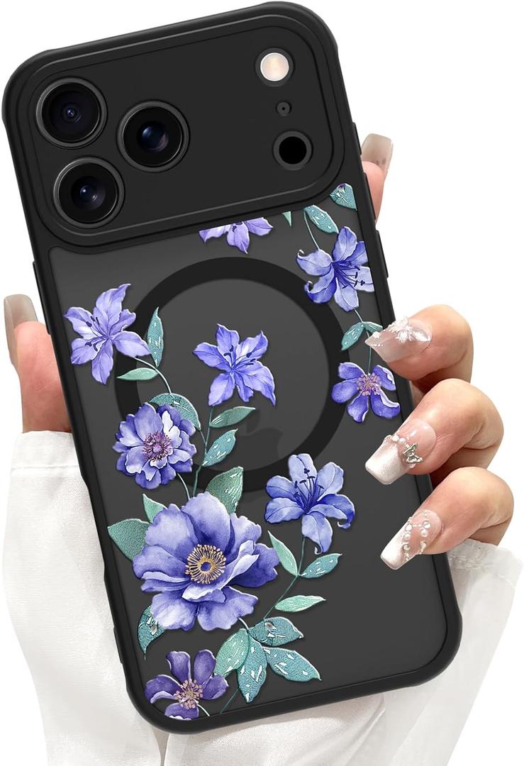 Magnetic Case for iPhone 17 Pro Max, Cute Purple Floral Flower Aesthetic Design [Compatible with Magsafe] Soft TPU and Hard PC Anti-Scratch Shockproof Protective Case for Men Women