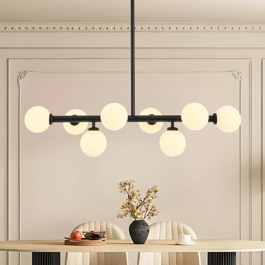Ecoillumix 8-Light Globe Sputnik Chandelier, 33" Mid Century Modern Chandeliers, Dining Room Chandelier Over Table with Milk White Glass, Linear Chandeliers for Dining Room, Kitchen Island - Black