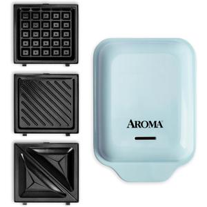 AROMA 3-in-1 Panini Press, Sandwich Grill, and Waffle Maker with Removable Ceramic Coated Plates (Blue)